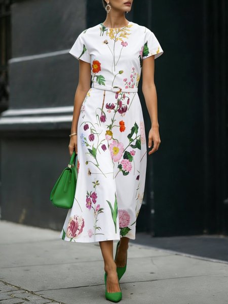 

Elegant Floral Printing Crew Neck Midi Dress With Belt, White, Midi Dresses