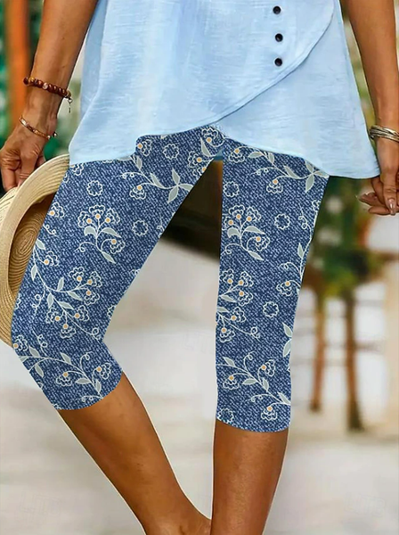 

Women Floral Capris Elastic Waist Pants Casual Summer Trousers, Blue, Leggings