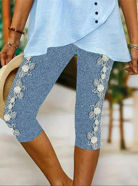 

Women Floral Capris Elastic Waist Pants Casual Summer Trousers, Blue, Leggings
