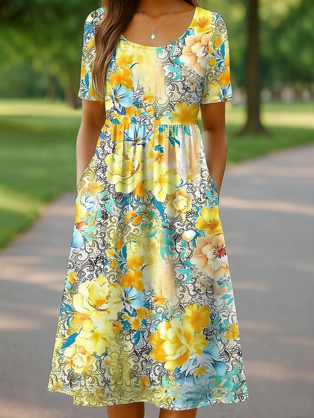 

Women Floral Summer Printing Dress Crew Neck Short Sleeve Shift Dress H-Line Dress, Yellow, Dresses
