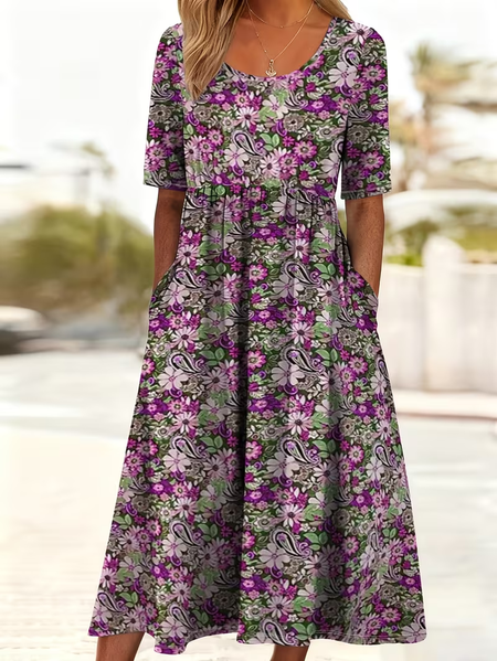 

Women Floral Summer Printing Dress Crew Neck Short Sleeve Shift Dress H-Line Dress, Purple, Dresses