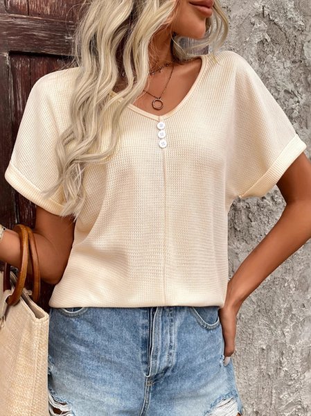

Casual Plain V Neck Short Sleeve T-shirt, Apricot, T-shirts