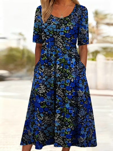 

Women Floral Short Sleeve Crew Neck Printing Dress Daily Casual Maxi Shift Dress H-Line Summer Dress, Blue, Casual Dresses