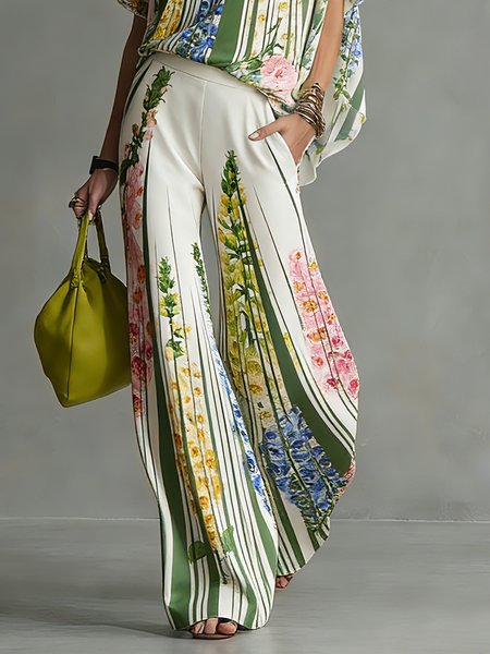 

Vacation Abstract Stripes Printing Wide Leg Pants, Green, Pants