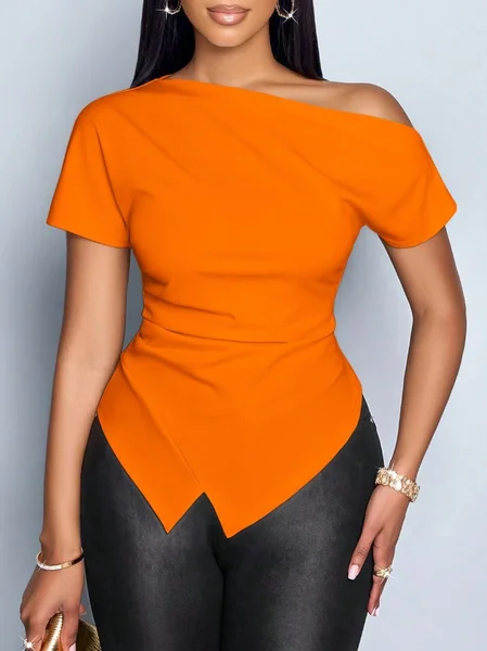 

Casual Plain One Shoulder Sleeve T-shirt, Orange, Tees