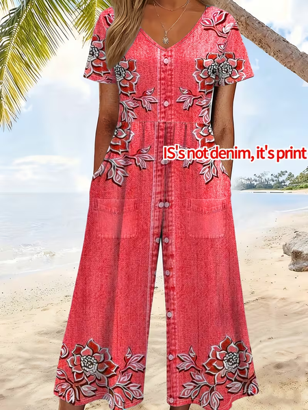 

Women Floral V Neck Half Sleeve Casual Summer Jumpsuit, Red, Jumpsuits＆Rompers