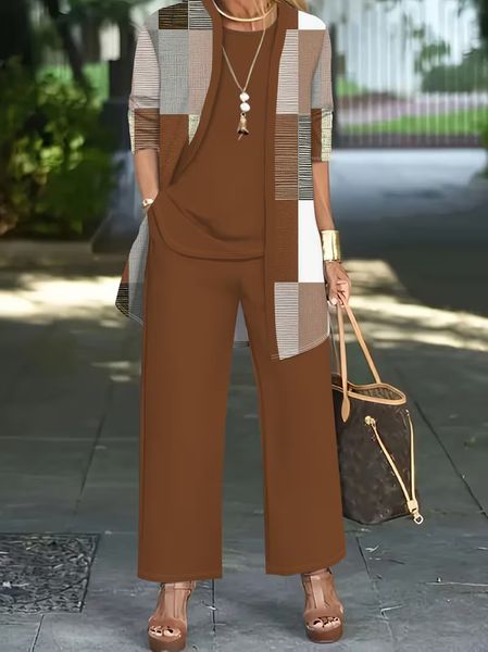 

Women Abstract Printing Matching Outfit Daily Long Sleeve Casual Spring/Fall Multi-Piece Set Matching Set, Brown, Suit Set