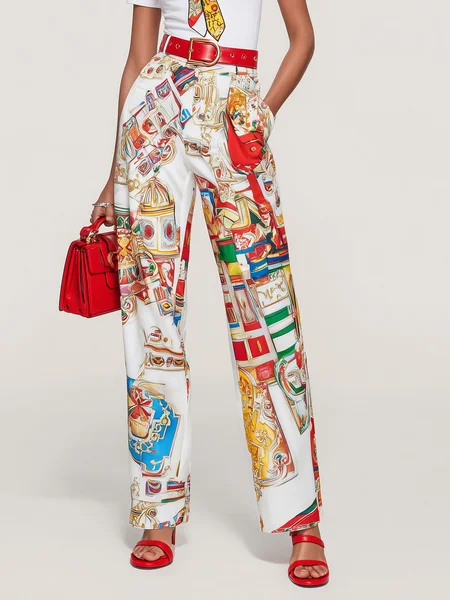 

Urban Random Print Printing Straight Pants No Belt, Red, Pants