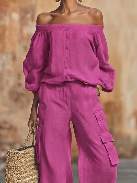 

Cotton And Linen Casual Plain Cold Shoulder Blouse, Rose red, Blouses and Shirts