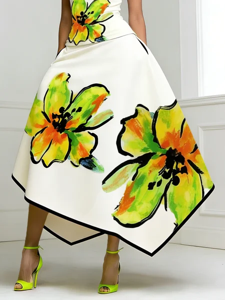 

Elegant Printing Floral Midi Skirt, Green, Skirts