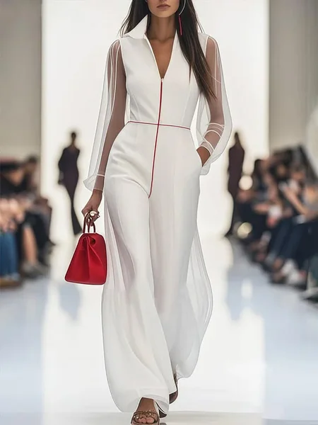 

Urban Color Block Shawl Collar Jumpsuit, White-red, Jumpsuits