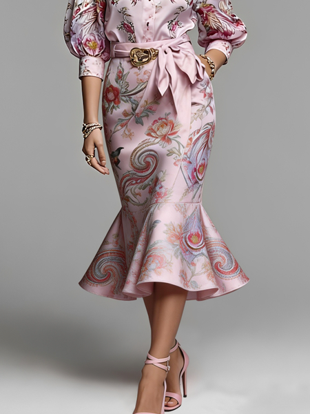 

Urban Floral Midi Skirt With Belt, As picture, Skirts