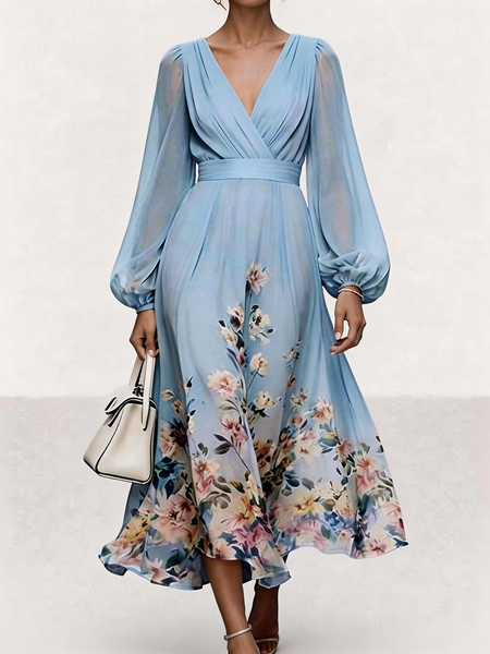 

Women Floral Spring/Fall Dress V Neck Long Sleeve A-Line Dress, Color1, Dresses