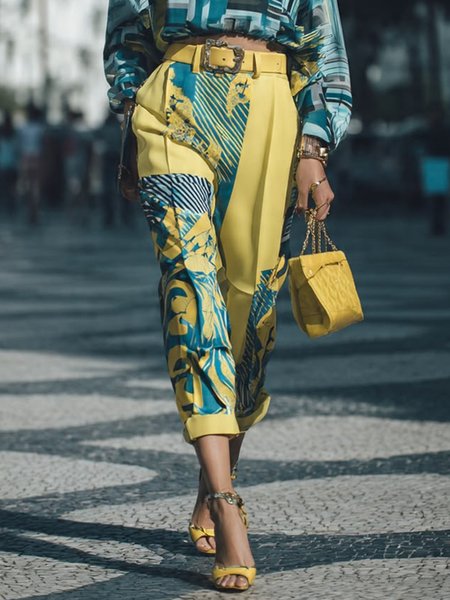 

Urban Geometric Printing Straight Pants No Belt, Yellow, Pants