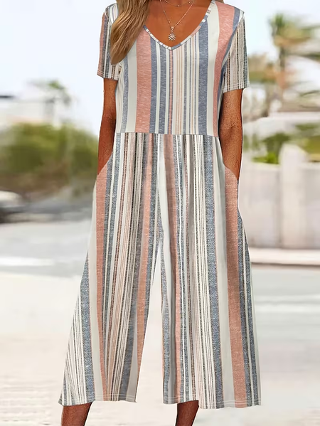 Women Striped V Neck Half Sleeve Casual Summer Jumpsuit
