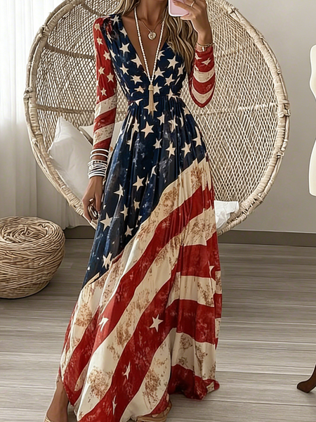 Women Spring Dress V Neck America Flag Printing Long Sleeve A-Line Dress