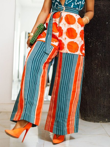 

Casual Striped Printing Straight Pants Belt, As picture, Pants