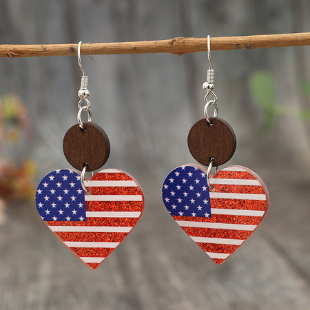 American Flag Wooden Material Acrylic Heart Earrings