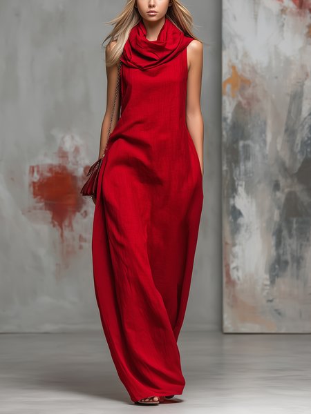 

Cotton Casual Plain Cowl Neck Maxi Dress, Red, Maxi Dresses