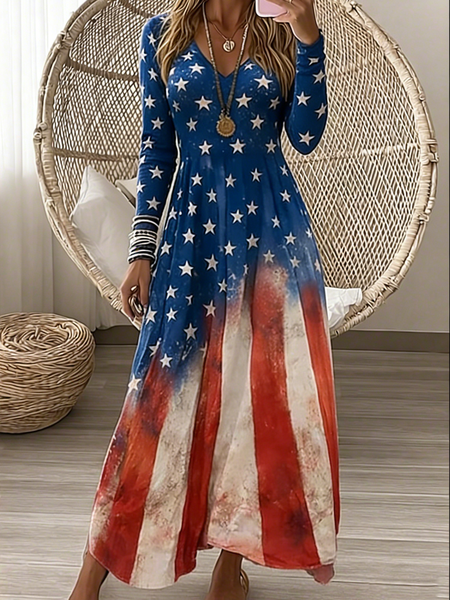 

Women Geometric Spring/Fall Dress V Neck Long Sleeve A-Line Dress, As picture, Dresses