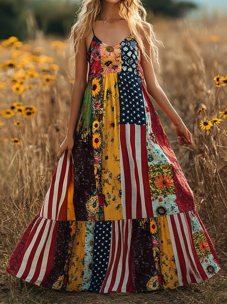Women America Flag Summer Dress V Neck Sleeveless Fit & Flare Dress A-Line Dress