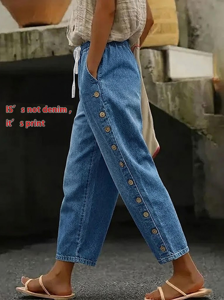 Women Faux Denim Print Graphic Long Pants Casual Spring/Fall Trousers