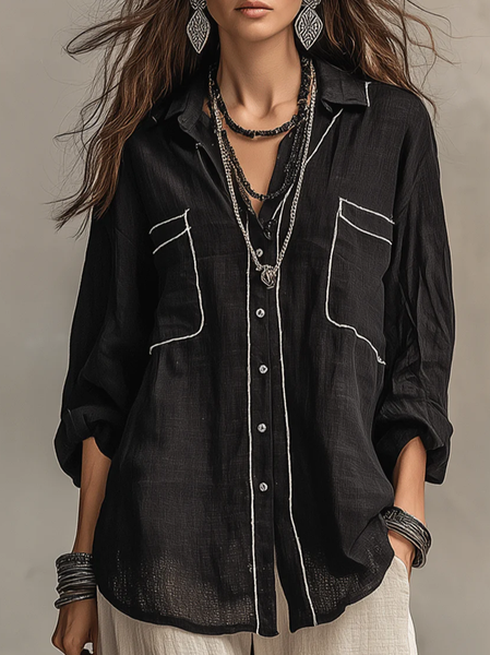 

Cotton Urban Color Block Split Joint Shirt, Black, Blouses and Shirts