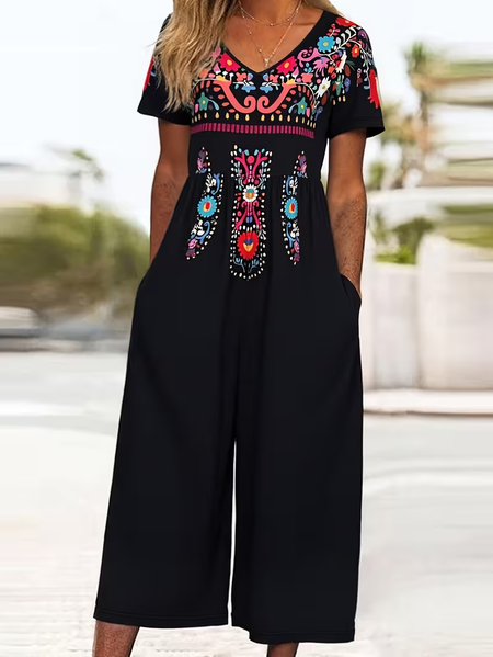Women Ethnic V Neck Half Sleeve Casual Summer Jumpsuit