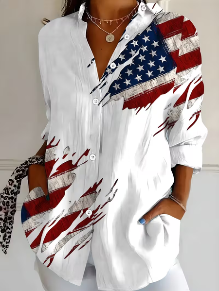 

Women America Flag Shirt Collar Long Sleeve Shirt Buckle Regular Sleeve Casual Daily Spring/Fall Top, White, Shirts