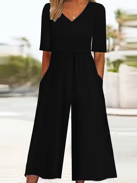 Women Plain V Neck Half Sleeve Casual Summer Jumpsuit