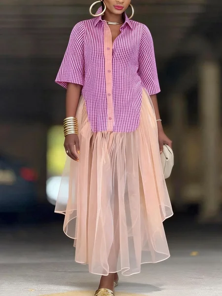 Urban Color Block Shirt Collar Maxi Dress