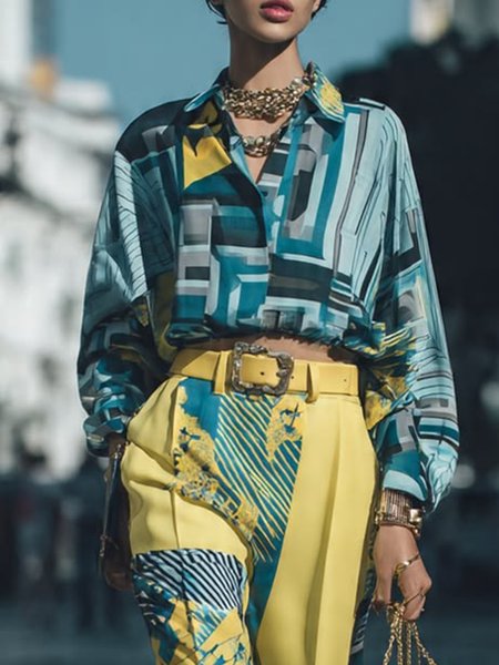 

Urban Geometric Printing Shirt Collar Shirt, Blue, Blouses and Shirts