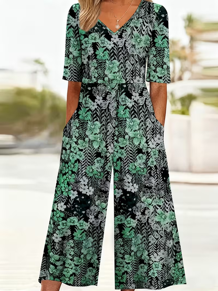

Women Floral V Neck Half Sleeve Casual Summer Jumpsuit, Green, Jumpsuits＆Rompers