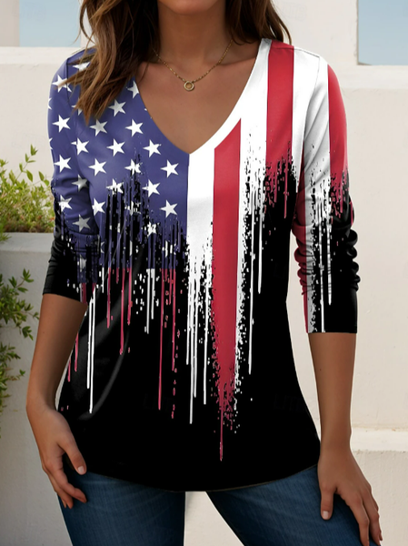 

Casual America Flag V Neck Long Sleeve T-shirt, Black, T-shirts