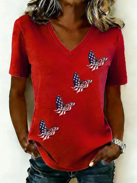 

Vintage Butterfly V Neck Short Sleeve T-shirt, Red, T-shirts