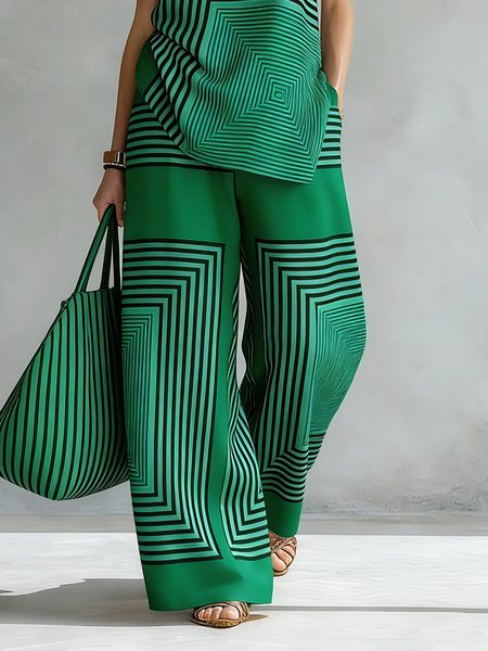 

Urban Geometric Stripe Wide Leg Pants High Waist Flowy Office Trousers, Green, Pants