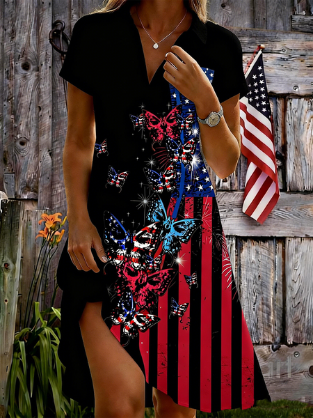 

Women Independence Day (Flag) All Season Dress Shawl Collar Short Sleeve Shirt Dress A-Line Dress, Black, Dresses