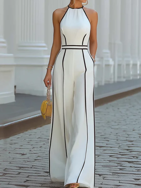 

Urban Color Block Halter Jumpsuit, White + black, Jumpsuits