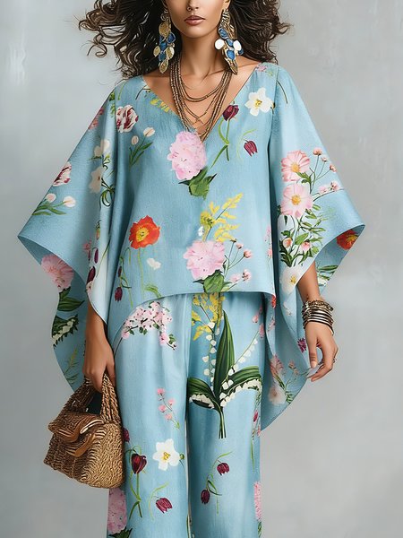 

Vacation Plain Printing V Neck Loosen Blouse, Blue, Blouses and Shirts