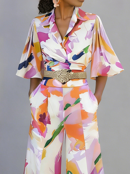 

Elegant Random Print Shirt Collar Shirt, As picture, Blouses and Shirts