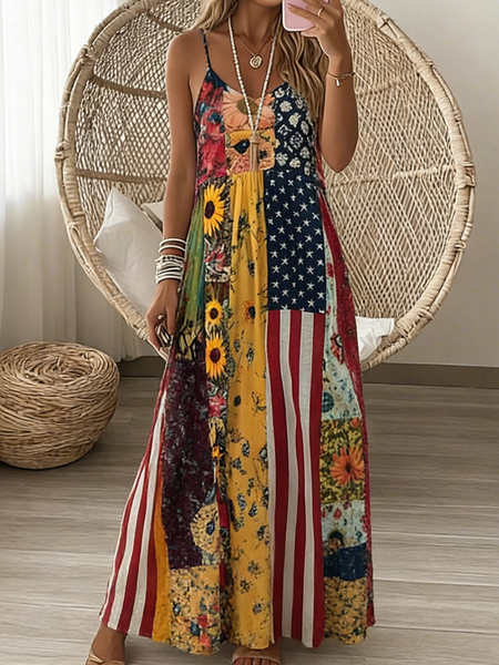 Women Geometric Summer Dress V Neck Sleeveless A-Line Dress