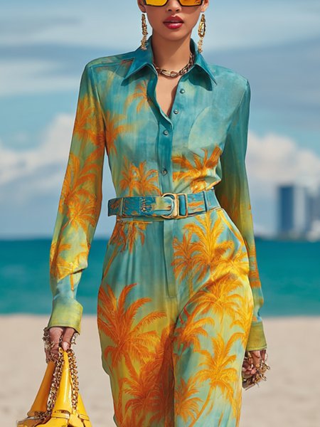 

Vacation Coconut Tree Printing Shirt Collar Shirt, Yellow, Blouses and Shirts