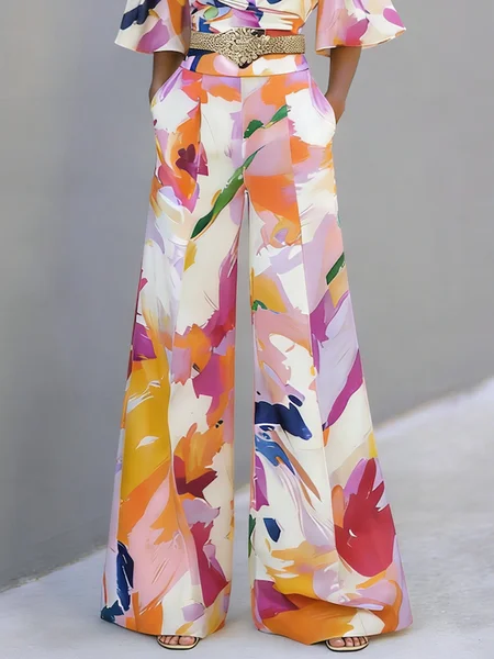 

Elegant Random Print Straight Pants, As picture, Pants