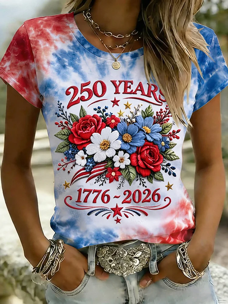 

Casual Floral Crew Neck Short Sleeve T-shirt, As picture, T-shirts