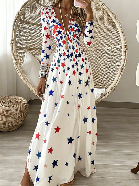 

Women Geometric Spring/Fall Dress V Neck Long Sleeve A-Line Dress, White, Dresses
