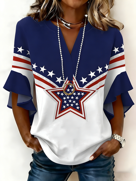 V Neck Half Sleeve Striped Regular Loose Shirt For Women