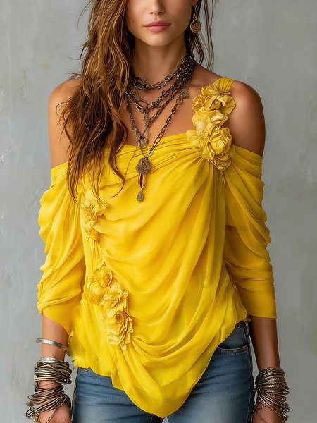 

Elegant Plain 3D Floral One Shoulder Blouse, Yellow, Blouses and Shirts