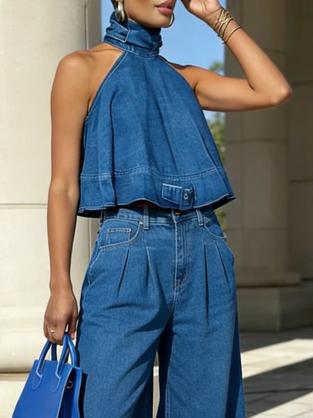 

Urban Plain Stand Collar Denim Top, Denim blue, Tops