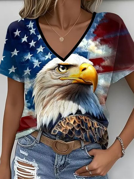 Vintage 3D Printing V Neck Short Sleeve T-shirt