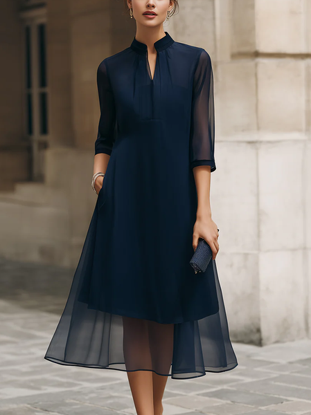 Elegant Plain V Neck Midi Dress